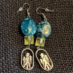 Handcrafted Turquoise Blue and Yellow Bigfoot Tree Dangle Earrings